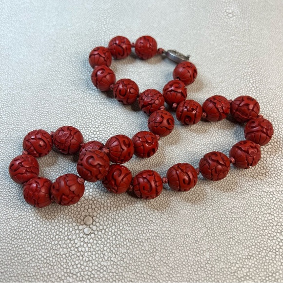 Vintage Authentic Cinnabar Set of Necklace, Bangle Bracelet & Pierced Earrings - Picture 10 of 14